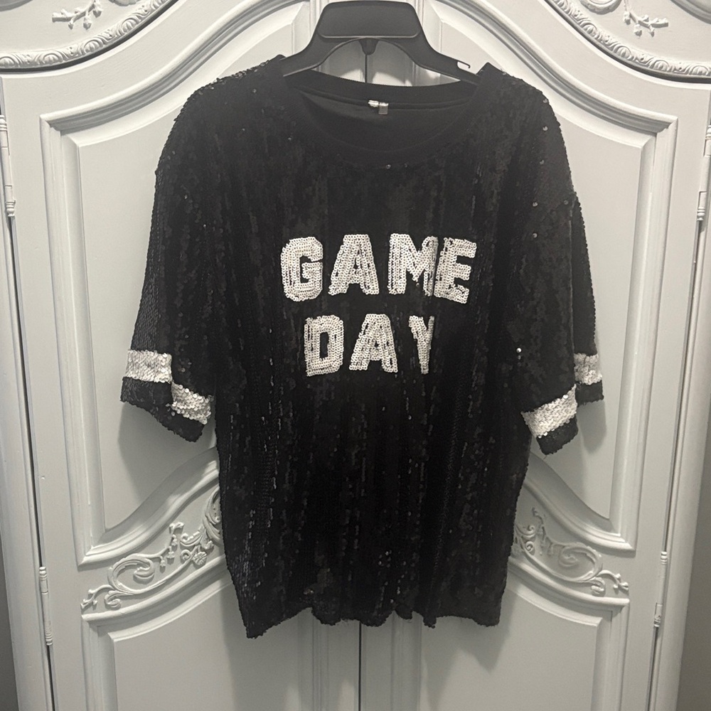 Game Say! Black Sequin 'Game Day' T-Shirt- XL